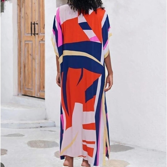Multi color Geo Print Tie Neck Batwing Sleeve split oversize Cover Up kaftan - Picture 5 of 9